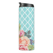Girly Aqua Blue Quatrefoil Peach Roos Floral Thermosbeker (Geroteerd rechts)