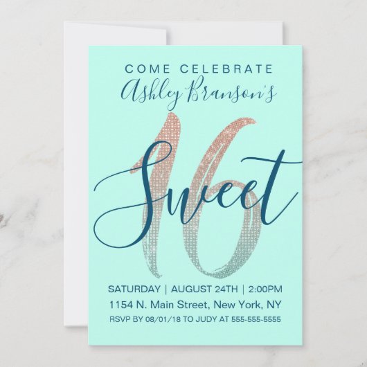 Girly Aqua Blue Roos Gold Sequin Glitter Sweet 16 Kaart (Voorkant)