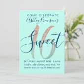 Girly Aqua Blue Roos Gold Sequin Glitter Sweet 16 Kaart (Staand voorkant)