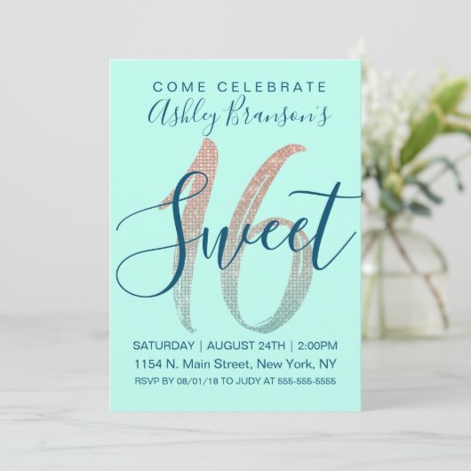 Girly Aqua Blue Roos Gold Sequin Glitter Sweet 16 Kaart (Staand voorkant)