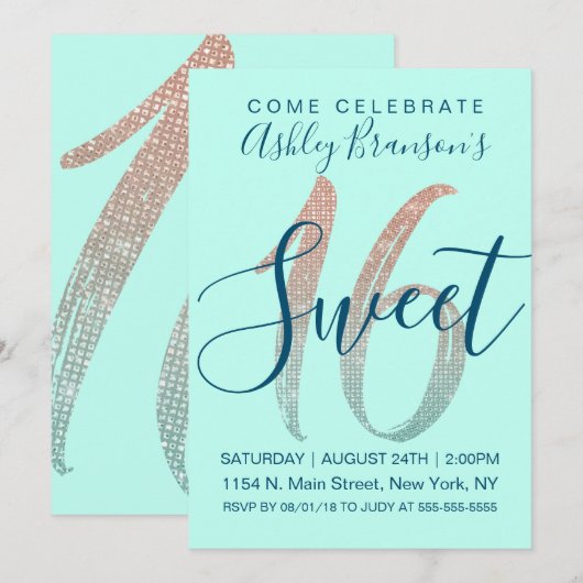 Girly Aqua Blue Roos Gold Sequin Glitter Sweet 16 Kaart (Voorkant / Achterkant)