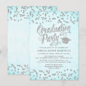 Girly Aqua Blue Silver Glitter Graduation Party Kaart (Voorkant / Achterkant)