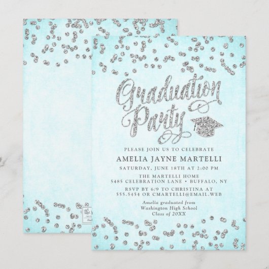 Girly Aqua Blue Silver Glitter Graduation Party Kaart (Voorkant / Achterkant)