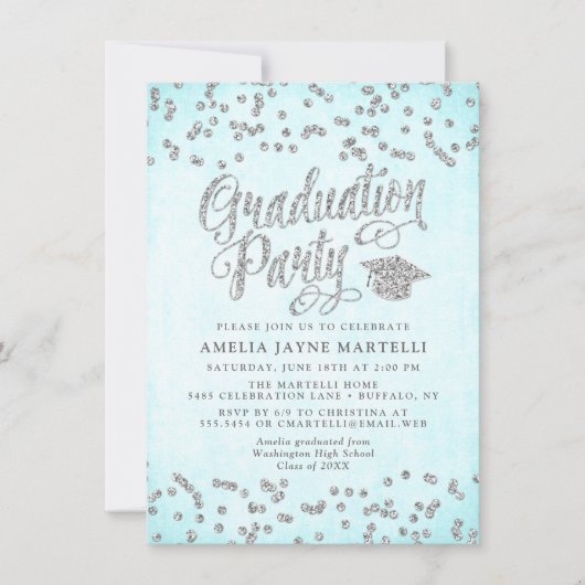 Girly Aqua Blue Silver Glitter Graduation Party Kaart (Voorkant)