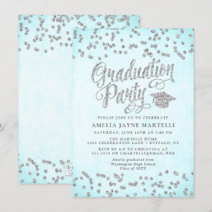 Girly Aqua Blue Silver Glitter Graduation Party Kaart