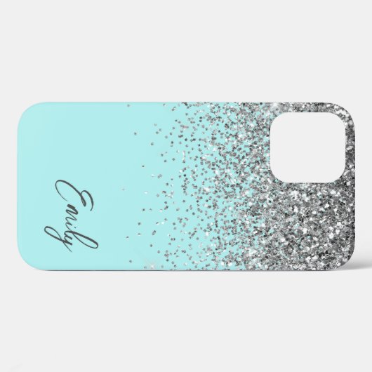 Girly Aqua Blue Silver Glitter Monogram Case-Mate iPhone Case (Achterkant (horizontaal))