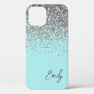 Girly Aqua Blue Silver Glitter Monogram Case-Mate iPhone Case