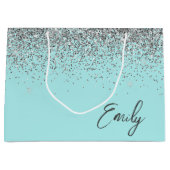 Girly Aqua Blue Silver Glitter Monogram Groot Cadeauzakje (Voorkant)