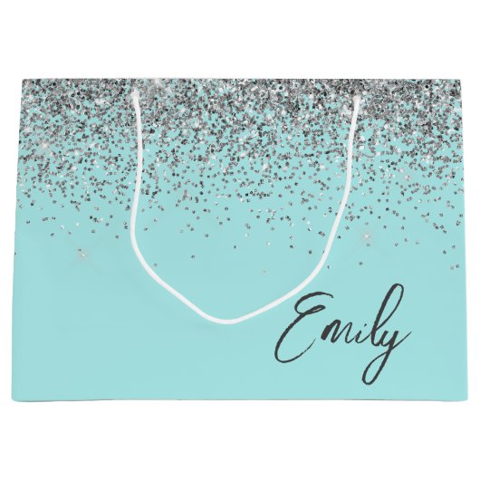 Girly Aqua Blue Silver Glitter Monogram Groot Cadeauzakje (Voorkant)