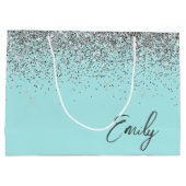 Girly Aqua Blue Silver Glitter Monogram Groot Cadeauzakje (Achterkant)