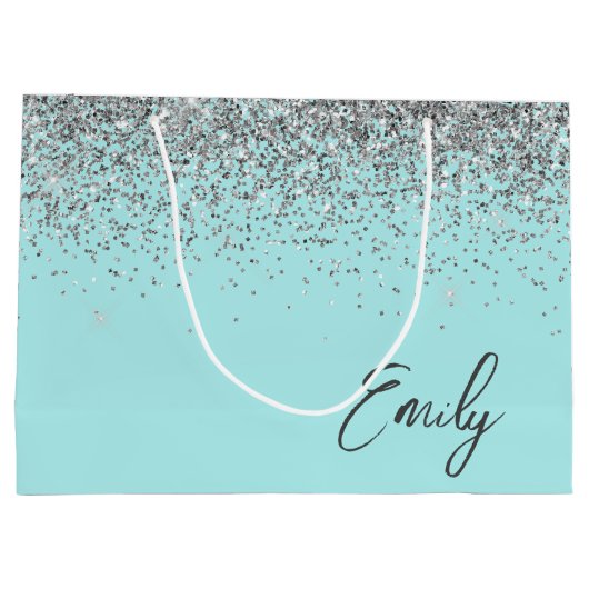 Girly Aqua Blue Silver Glitter Monogram Groot Cadeauzakje (Achterkant)