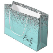 Girly Aqua Blue Silver Glitter Monogram Groot Cadeauzakje (Voorkant Gekanteld)