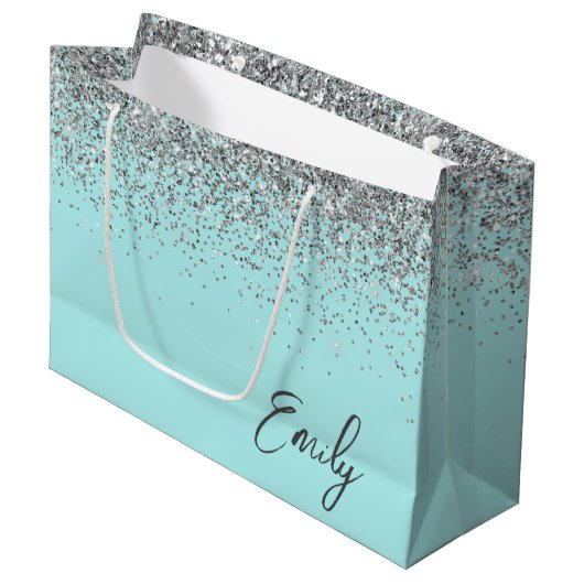 Girly Aqua Blue Silver Glitter Monogram Groot Cadeauzakje (Voorkant Gekanteld)