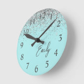 Girly Aqua Blue Silver Glitter Monogram Ronde Klok (Hoek)