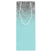 Girly Aqua Blue Silver Glitter Monogram Wijn Cadeautas (Achterkant)