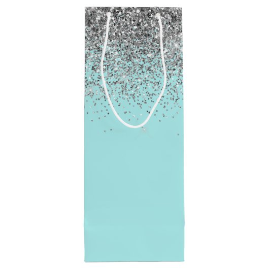 Girly Aqua Blue Silver Glitter Monogram Wijn Cadeautas (Achterkant)