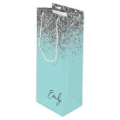 Girly Aqua Blue Silver Glitter Monogram Wijn Cadeautas (Voorkant Gekanteld)