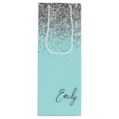 Girly Aqua Blue Silver Glitter Monogram Wijn Cadeautas (Voorkant)