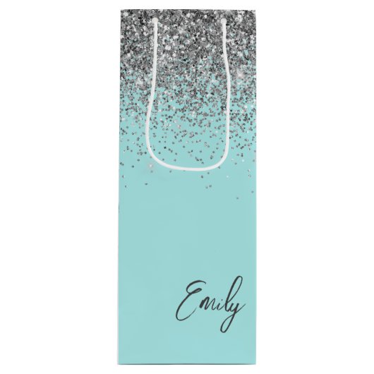 Girly Aqua Blue Silver Glitter Monogram Wijn Cadeautas (Voorkant)