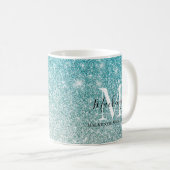 Girly Aqua Blue Silver Ombre Glitter Monogram Naam Koffiemok (Voorkant rechts)