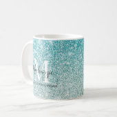 Girly Aqua Blue Silver Ombre Glitter Monogram Naam Koffiemok (Voorkant links)