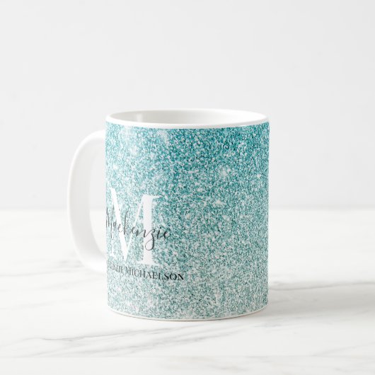 Girly Aqua Blue Silver Ombre Glitter Monogram Naam Koffiemok (Voorkant links)