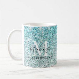 Girly Aqua Blue Silver Ombre Glitter Monogram Naam Koffiemok