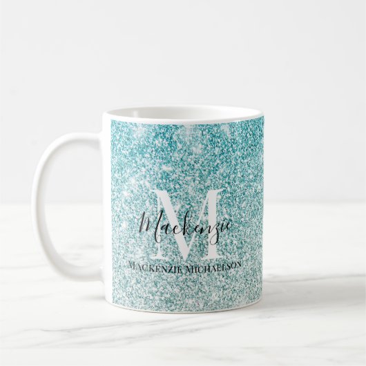 Girly Aqua Blue Silver Ombre Glitter Monogram Naam Koffiemok (Links)
