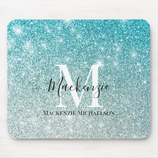 Girly Aqua Blue Silver Ombre Glitter Monogram Naam Muismat (Voorkant)