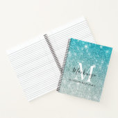 Girly Aqua Blue Silver Ombre Glitter Monogram Naam Notitieboek (Binnen)