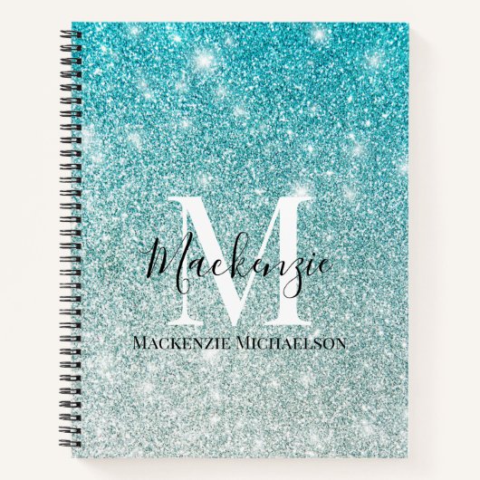 Girly Aqua Blue Silver Ombre Glitter Monogram Naam Notitieboek (Voorkant)