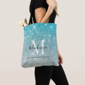 Girly Aqua Blue Silver Ombre Glitter Monogram Naam Tote Bag (Dichtbij)