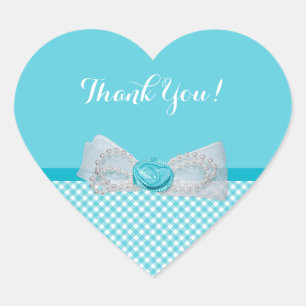 Girly Aqua Gingham Cute Pearls Roos Bow Hartelijk  Hart Sticker