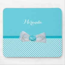 Girly Aqua Gingham Cute Pearls Roos Bow met naam
