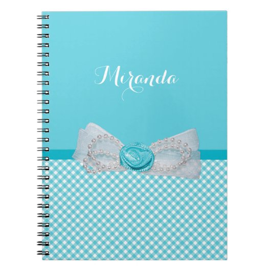 Girly Aqua Gingham Cute Pearls Roos Bow met naam Notitieboek (Voorkant)