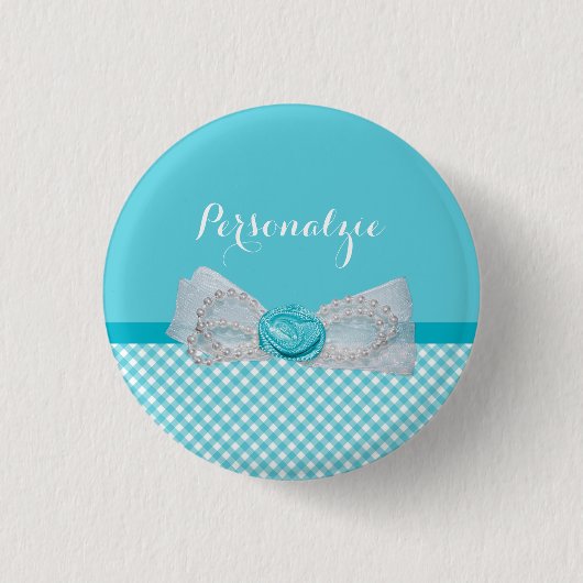 Girly Aqua Gingham Cute Pearls Roos Bow met naam Ronde Button 3,2 Cm (Voorkant)