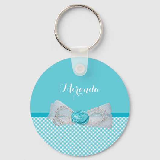 Girly Aqua Gingham Cute Pearls Roos Bow met naam Sleutelhanger (Voorkant)