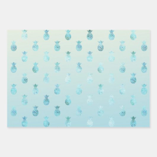 Girly Aqua Glam Tropical Pineapples Ombre Inpakpapier Vel (Voorkant)