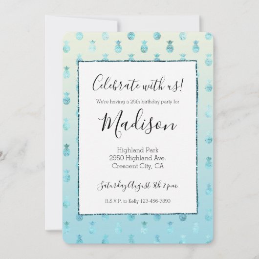 Girly Aqua Glam Tropische Ananas Ombre Kaart (Voorkant)