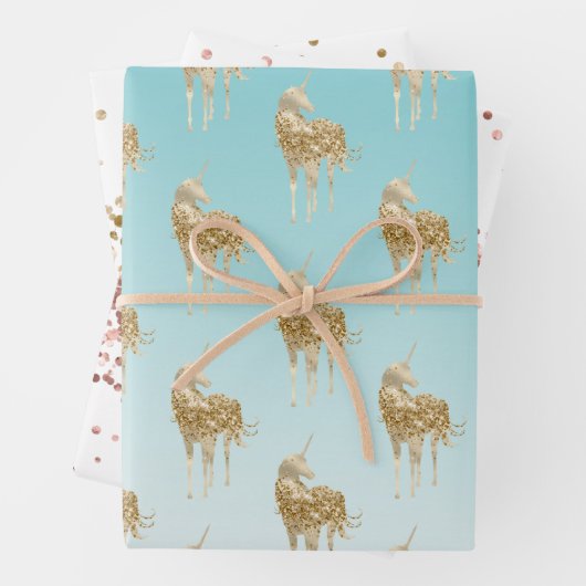 Girly Aqua Gold Confetti Glitter Unicorn Inpakpapier Vel (In situ)