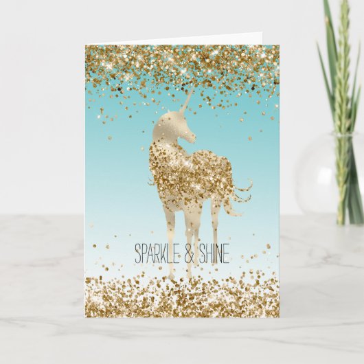Girly Aqua Gold Confetti Glitter Unicorn Kaart (Voorkant)