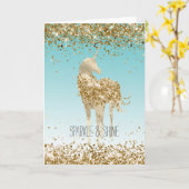 Girly Aqua Gold Confetti Glitter Unicorn Kaart (Gele Bloem)