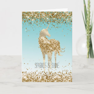 Girly Aqua Gold Confetti Glitter Unicorn Kaart