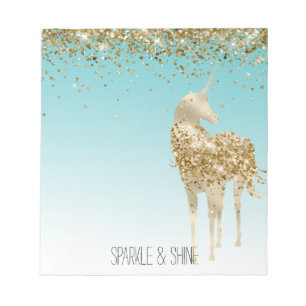 Girly Aqua Gold Confetti Glitter Unicorn Notitieblok