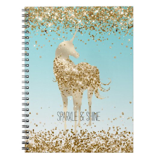Girly Aqua Gold Confetti Glitter Unicorn Notitieboek (Voorkant)