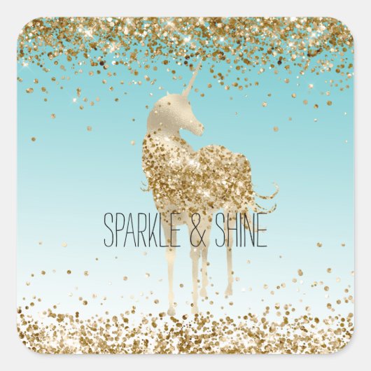 Girly Aqua Gold Confetti Glitter Unicorn Vierkante Sticker (Voorkant)