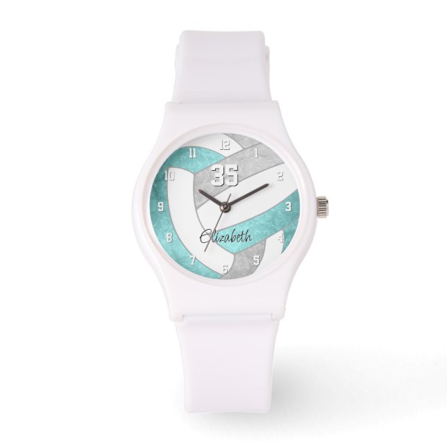 girly aqua gray gepersonaliseerde volleybal horloge (Voorkant)