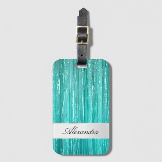 Girly Aqua Mint Glam Glitzy Tinsel Stripes Bagagelabel (Voorkant (verticaal))