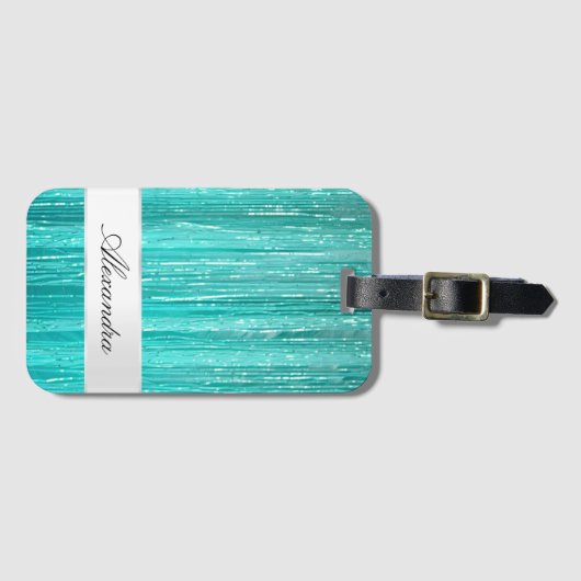 Girly Aqua Mint Glam Glitzy Tinsel Stripes Bagagelabel (Voorkant (horizontaal))
