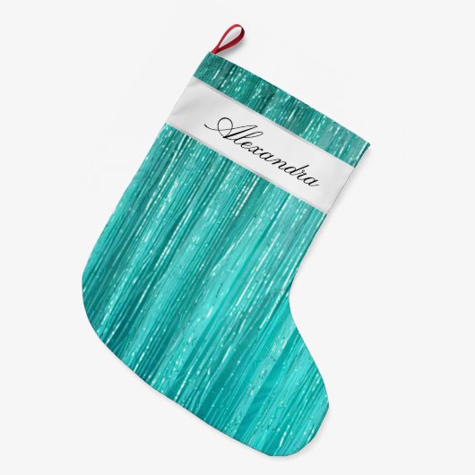 Girly Aqua Mint Glam Glitzy Tinsel Stripes Grote Kerstsok (Voorkant (Hangend))
